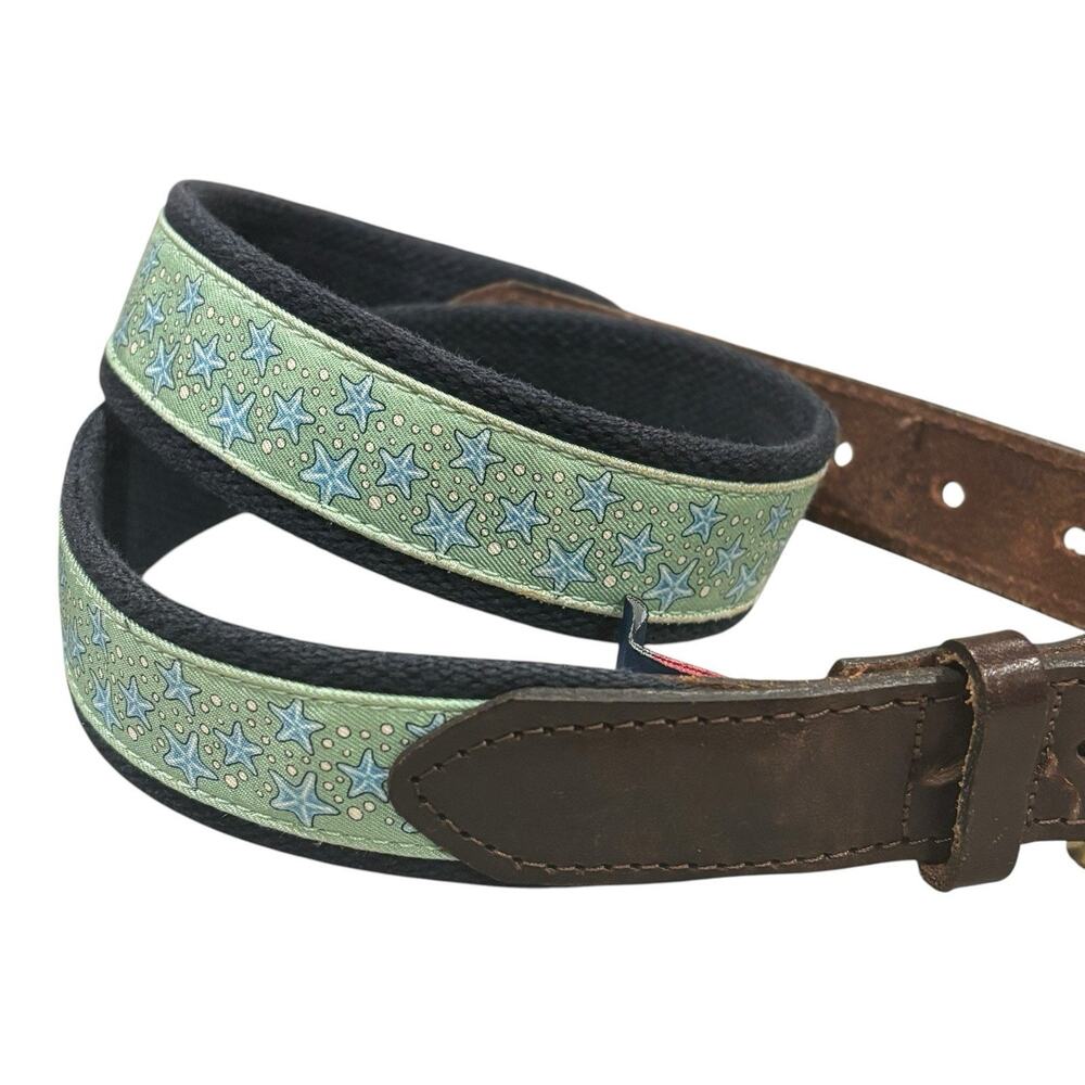 Vineyard Vines Starfish Belt Canvas & Leather Green Navy Brass Buckle Size 32